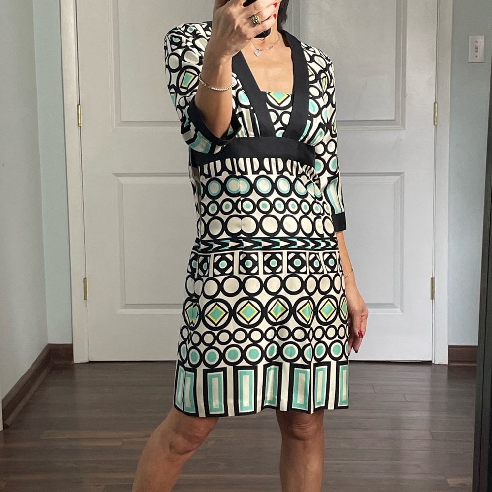 Milly 100% Silk Geo Print Elbow Sleeves Dress size 0 - Picture 2 of 14